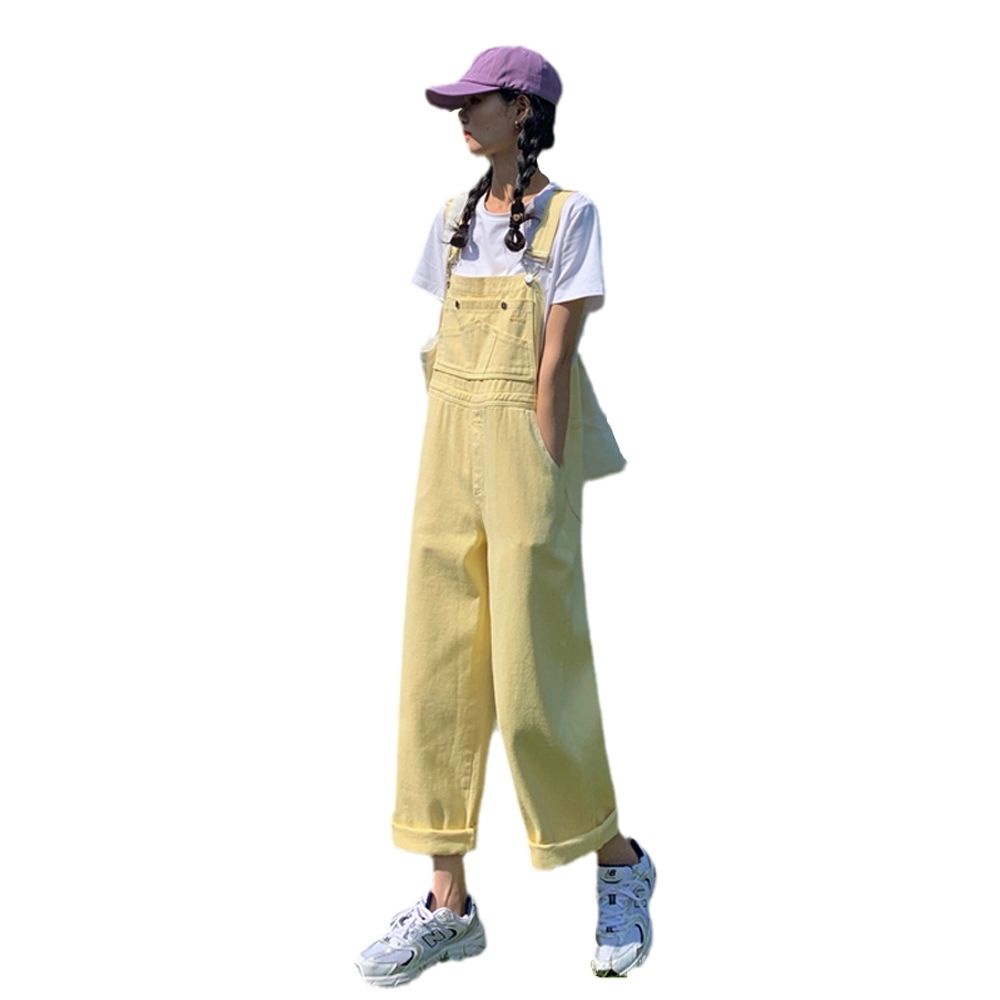 Overall denim segar wanita 2022 baru versi Korea dari celana panjang siswa jumpsuit lurus kaki lebar