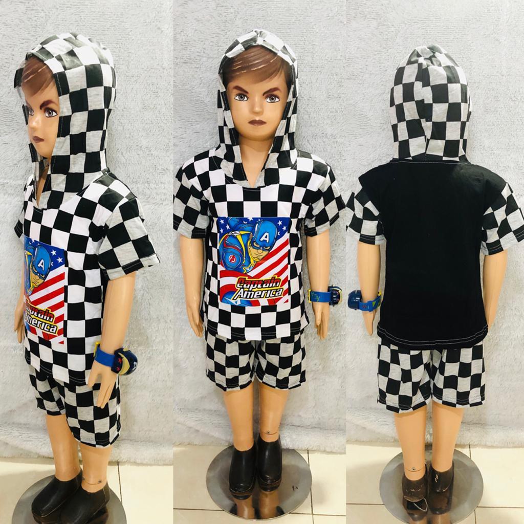 Setelan Anak Laki Laki Motif  Catur  Captain Amerika Topi 