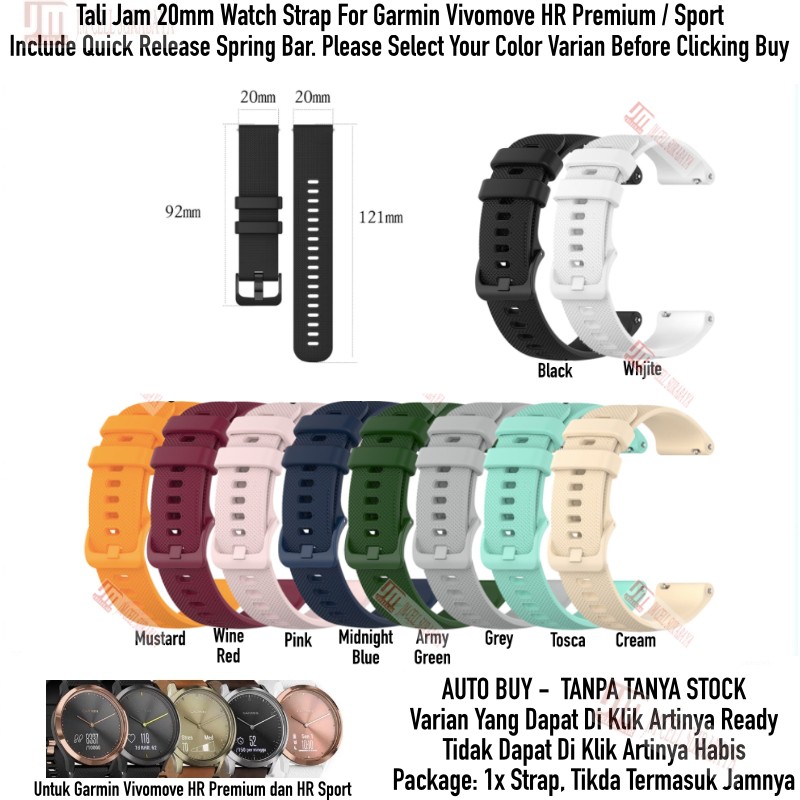 Tali Jam 20mm Watch Strap Garmin Vivomove HR Premium Sport 43mm - OYE Rubber Silikon Warna Warni