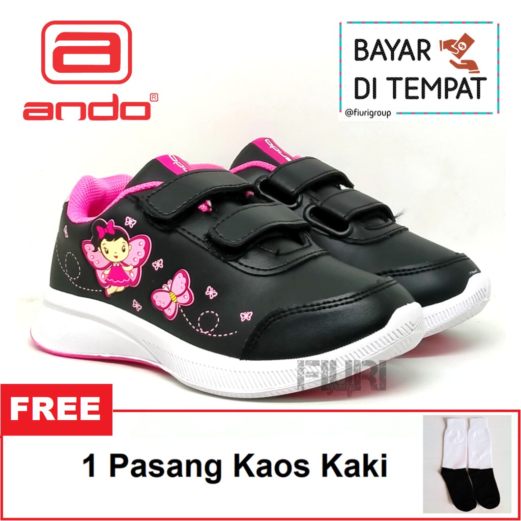 FIURI - ANDO ORIGINAL -  LILY FLY PEREKAT 29-32 HITAM PINK - SEPATU SNEAKERS KANVAS SOL KARET ANAK KECIL PEREMPUAN  - SEPATU PERI KUPU-KUPU KETS LUCU FASHION TRENDY - SEPATU SEKOLAH PAUD TK KRETEKAN PEREKAT CEWEK MURAH PROMO DISKON BONUS KAOS KAKI