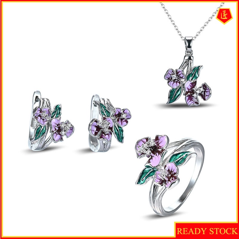 [Ready Stock]Colorful Flower Necklace Ring Earrings Set for Women