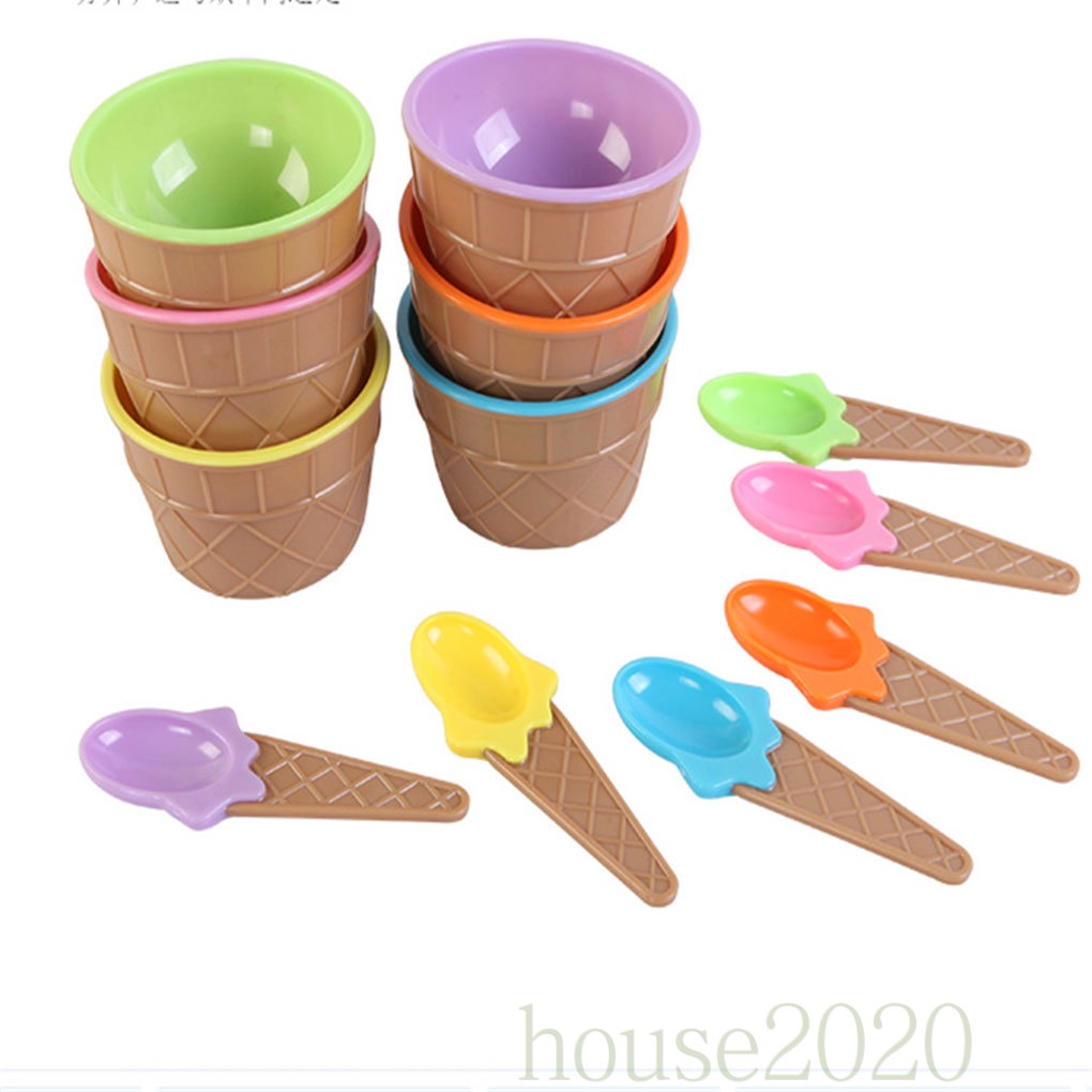 [house2020]Plastic Ice Cream Frozen Yogurt Cup with Spoon Dessert Bowl Ice Cream Bowl Spoon Set Random Color