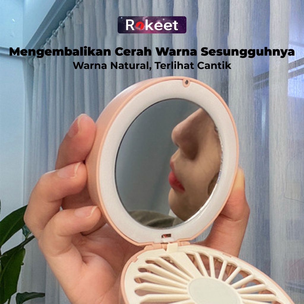 New Rokeet Kipas Cermin Make Up LED Portable 3 in 1 Multifungsi
