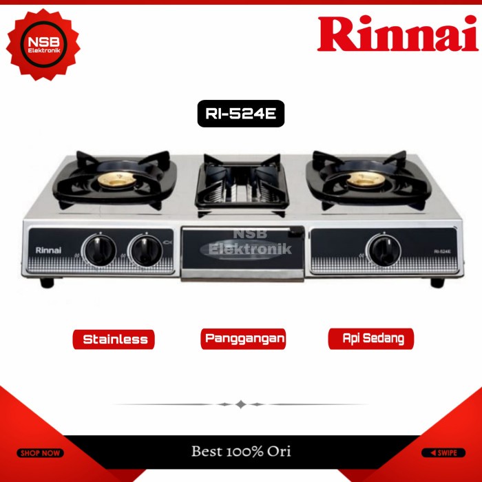 kompor gas rinai RI 524E-RI524E- Rinnai RI 524 E 2 tungku Stainless