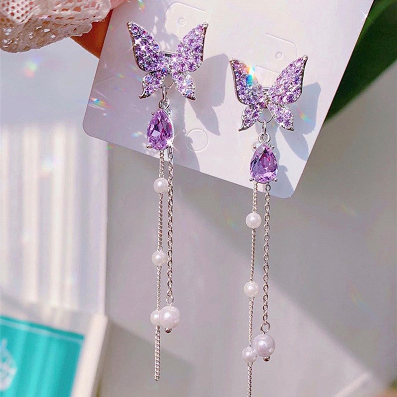 Anting Rumbai Panjang Desain Kupu-Kupu Aksen Mutiara Warna Ungu Untuk Wanita