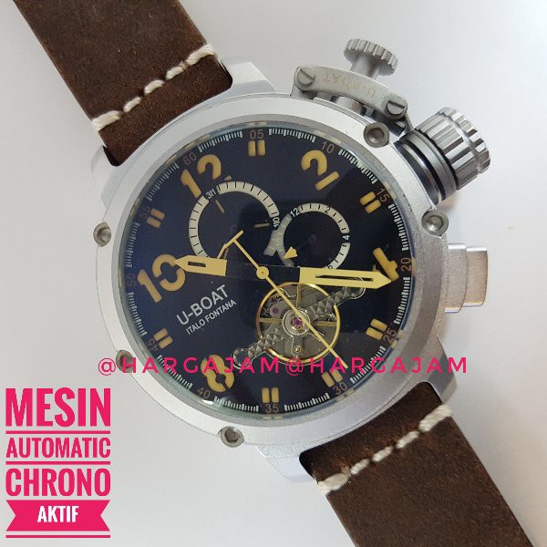 BARU Jam Pria Automatic U-boat U1848 Super Chrono Strap Leather Brown | Bezel Black (hargajam harga