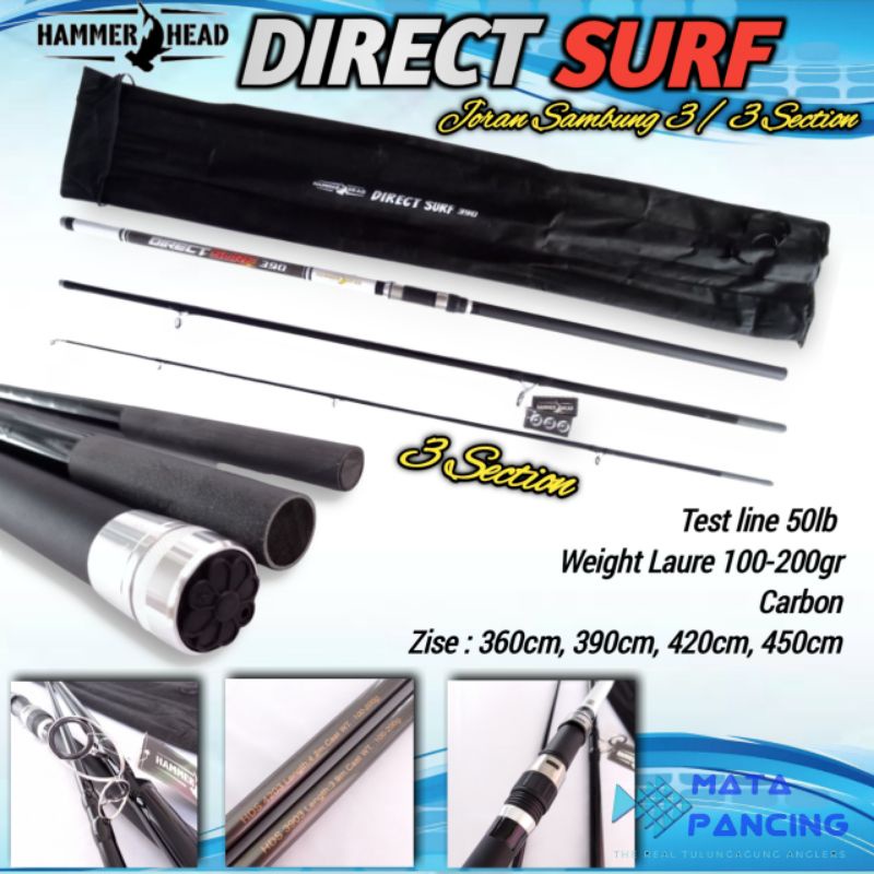 Joran sambung 3 hammerhead direct surf 390 420 carbon action hard joran tebing karang dan joran pantai