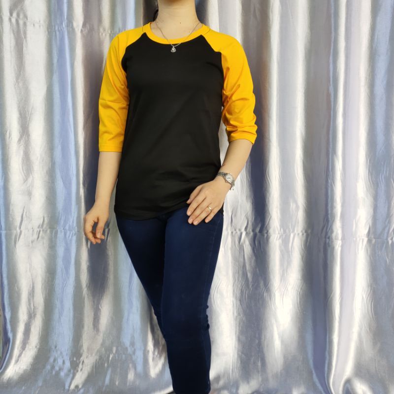 kaos polos reglan wanita (unisex) lengan 3/4 uk m l xl xxl-Hitam kuning 3/4