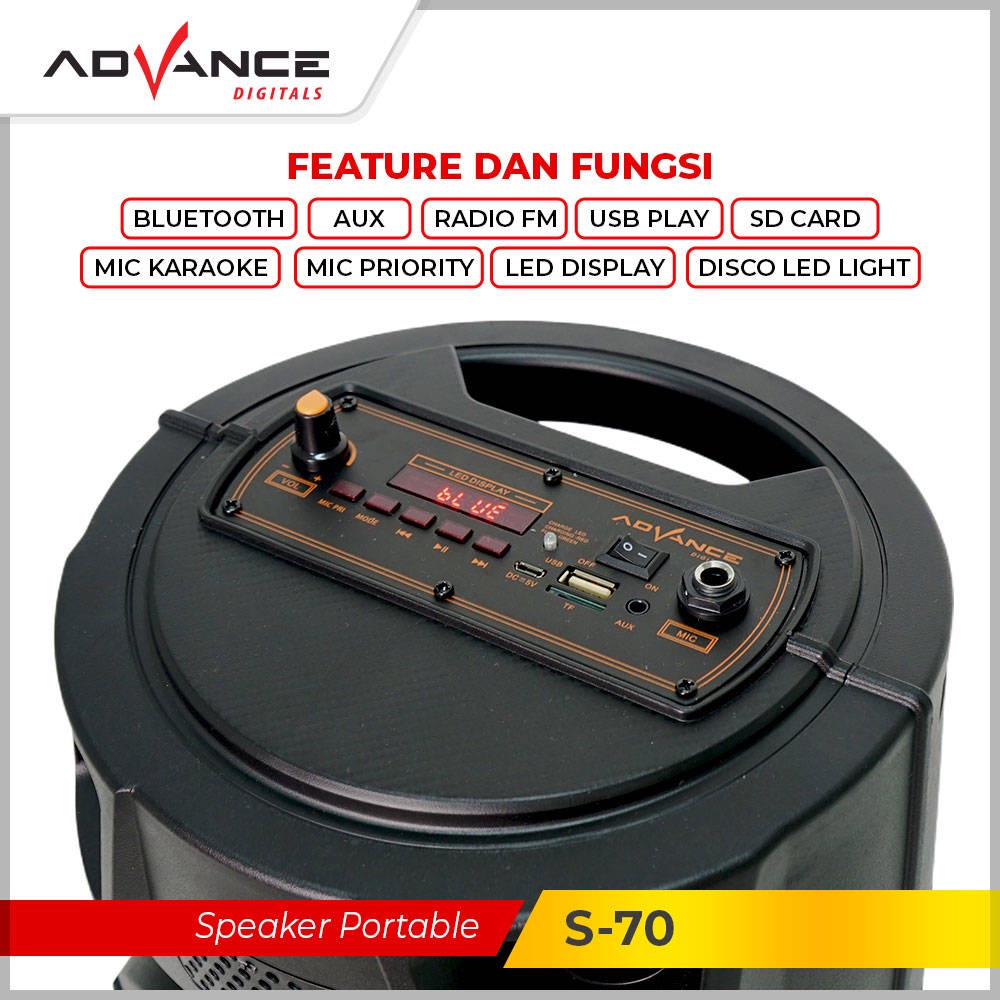 【READY STOCK】 Advance 8inch Speaker Aktif Portable karaoke Bluetooth Extra Bass Gratis 1 Microphone Led S-70