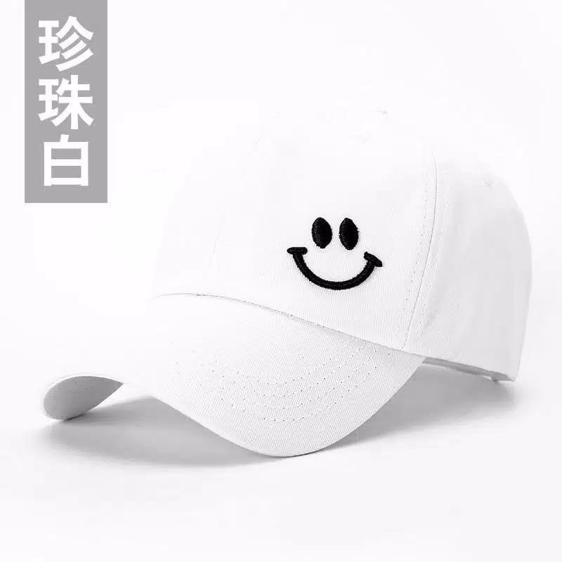 Topi Baseball Bordir Gaya Korea Pria Wanita Reclusive Challenge-Smile Putih