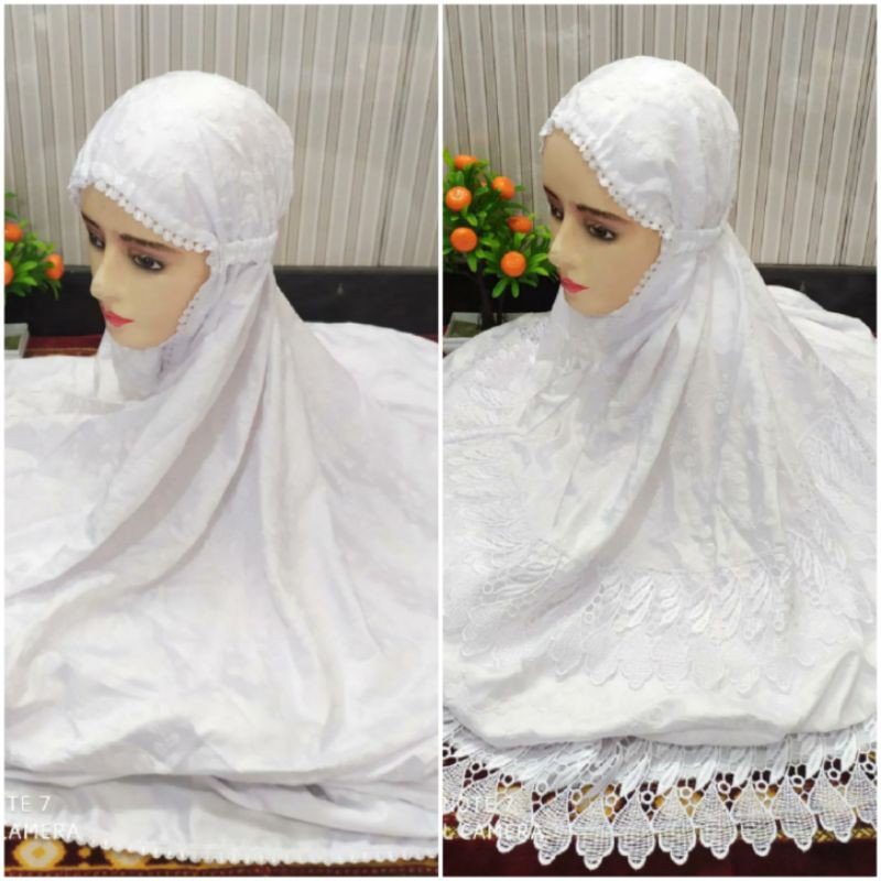 Mukena Terusan *Sutra Jepang ori* putih polos karet kerut