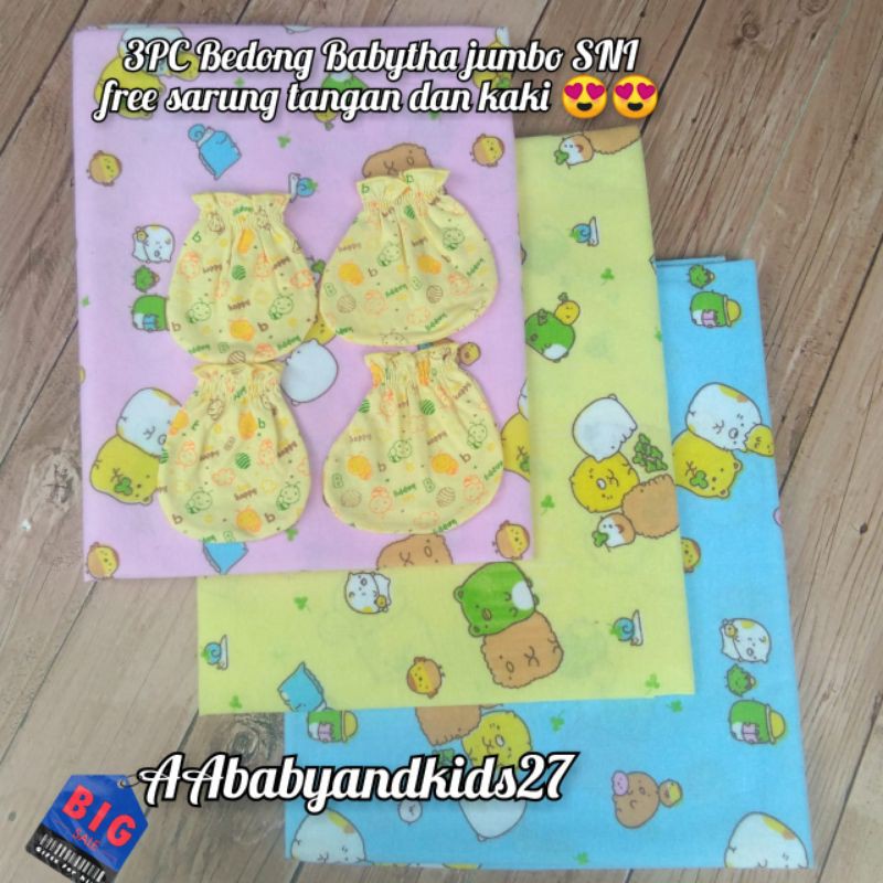 3PC Bedong Bayi Babytha Ukuran Jumbo 125x90 CM Free Sarung Tangan dan Kaki Bahan Adem dan SNI