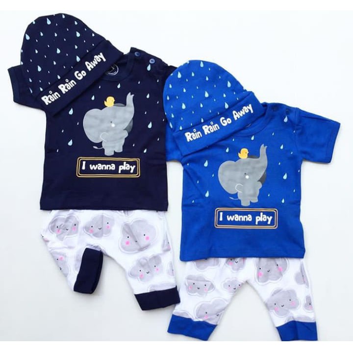 Baju Setelan Kaos Celana Topi Gambar Gajah Lucu Fashion Anak Cowok Bayi Laki Baby Boy Murah -dum