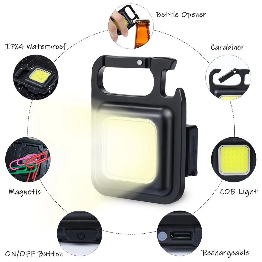 Senter Led COB Mini 800 Lumens 3 Mode USB Rechargeable Dengan Gantungan Kunci Untuk Darurat