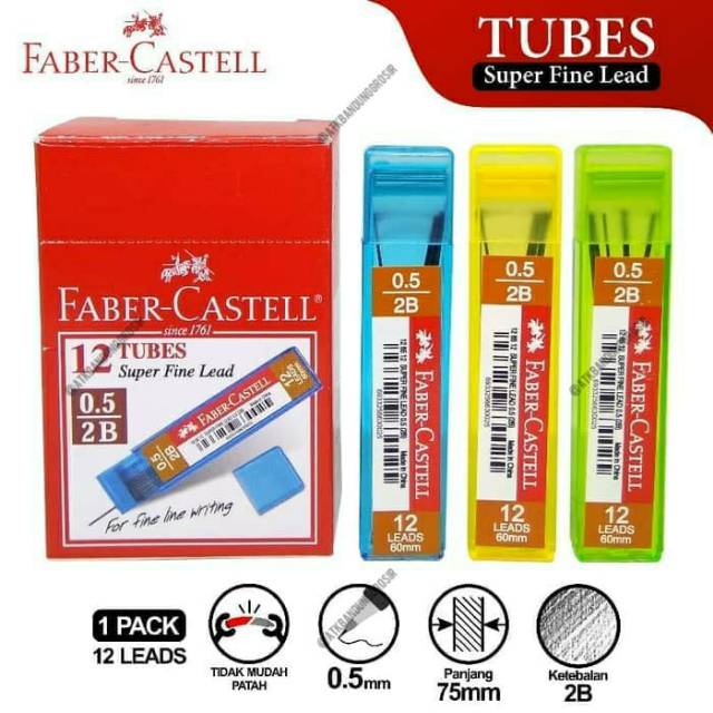 Faber castell SUPER FINE LEADS 0.5 2B Warna - Warni  Refill  Isian Pensil Mekanik isi 12 Leads SHSNP