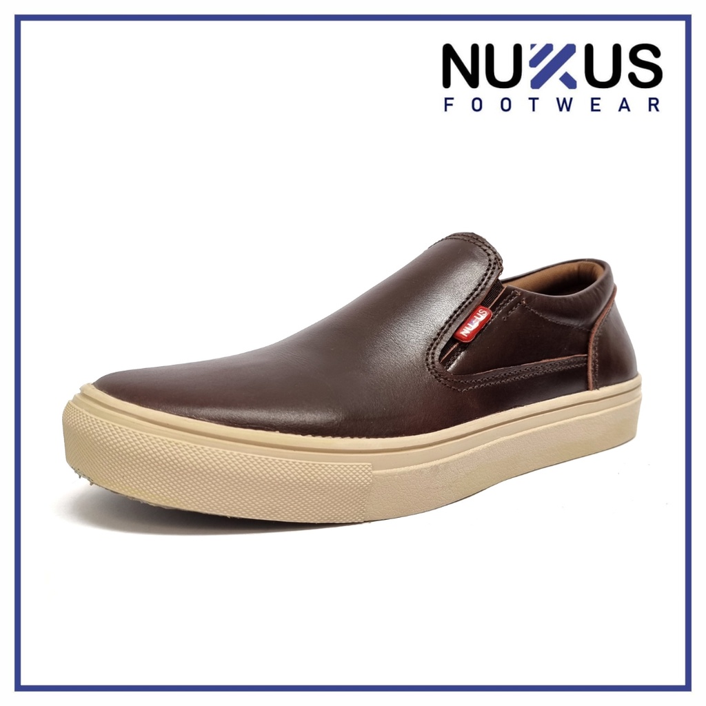 Nukus Sepatu Pria Kasual Slip On Classic Kulit Sapi Asli Coklat - NKS