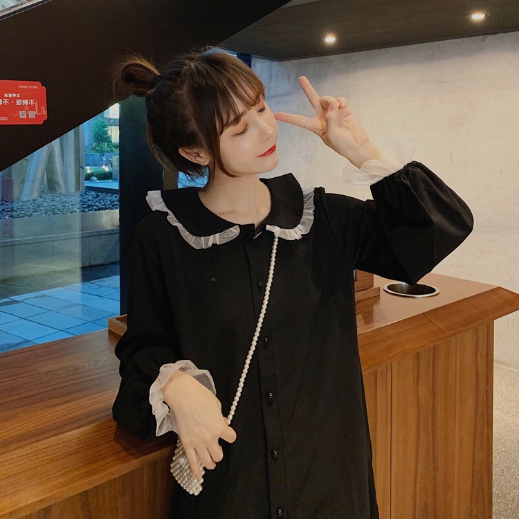 yikoo-Gaun panjang dress kerah boneka hitam gaya korea wanita dres