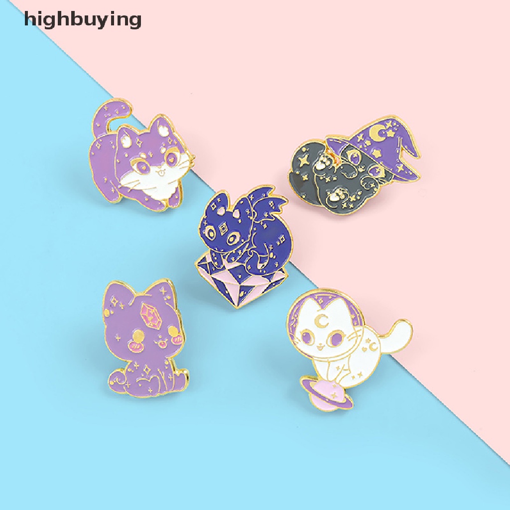 Hbid Bros Pin Enamel Desain Kucing + Topi Penyihir + Langit Berbintang Warna Ungu