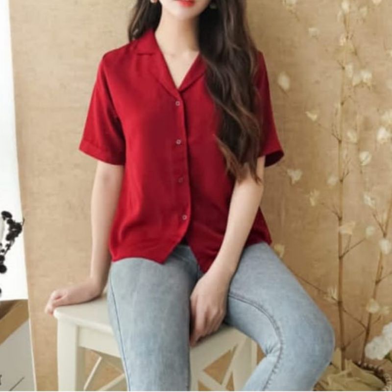 Blouse Polos Lengan Pendek Wanita Casual Putih Hitam Shakilla Twill | Kemeja Wanita Lengan Pendek Casual