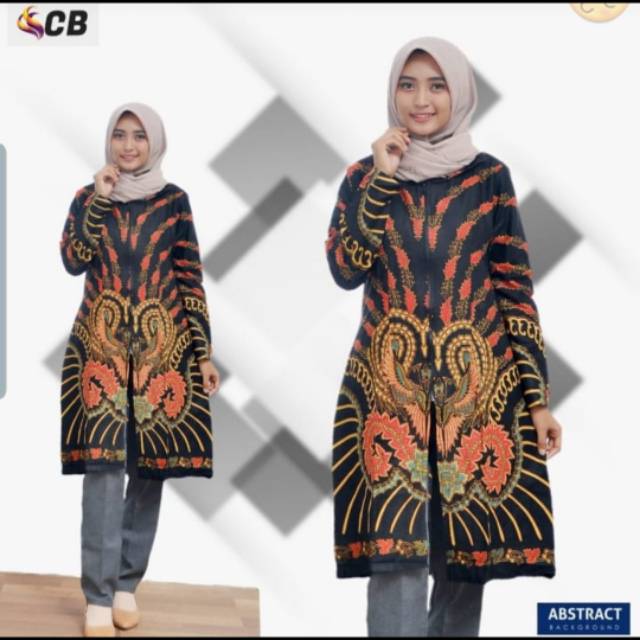 Tunik sogan motif pola sinaran latar hitam batik orange resleting depan zipper depan seragam jumbo