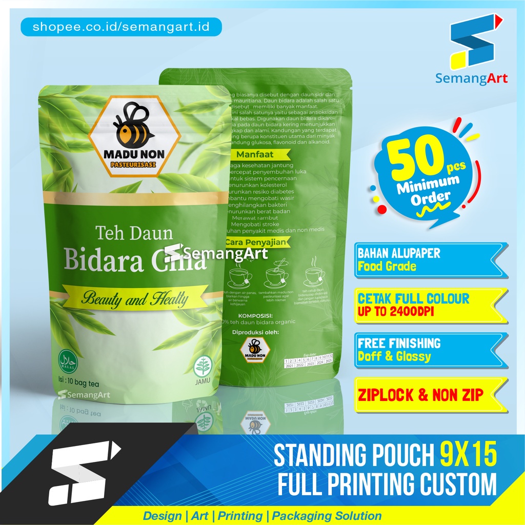 Kemasan Standing Pouch 9x15 Ziplock Full Printing Desain Custom