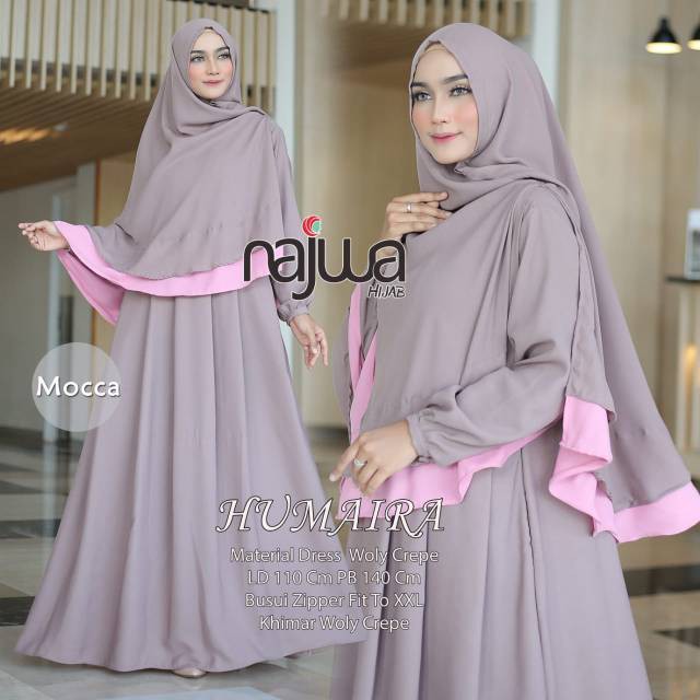 Humaira Syari Original Najwa Gamis + Khimar Syari Longdress Maxi Material Wollycrepe Premium