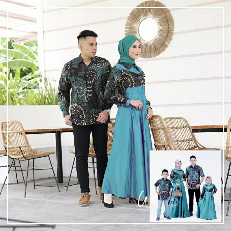 Saroja (476) Couple Batik Keluarga • Gamis Kombinasi Velvet • Motif Puser Hijau