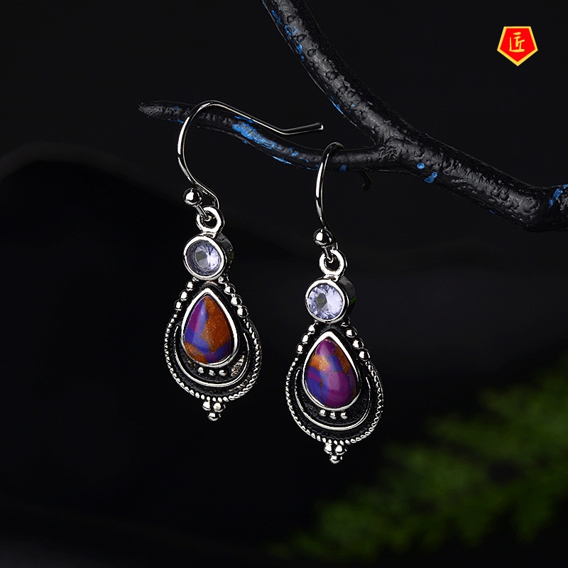 [Ready Stock]Vintage Silver Charoite Earrings Female Fashion Purple Turquoise