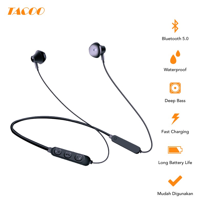 

TACOO TEH0412 Bluetooth Sport Earphone Sweatproof Black Neckband Stereo dengan Mikrofon