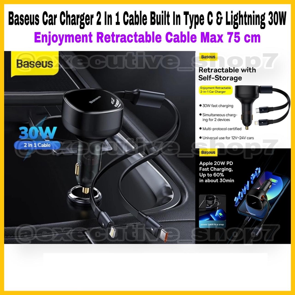 Baseus Car Charger 2 In 1 Cable Built In Type C 6 Lightning 30W Enjoyment Retractable Cable Max 75cm