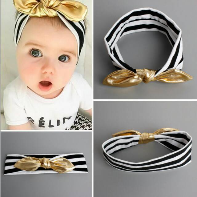 D34 Bandana anak / bando bayi telinga kelinci / simpul warna gold stripes