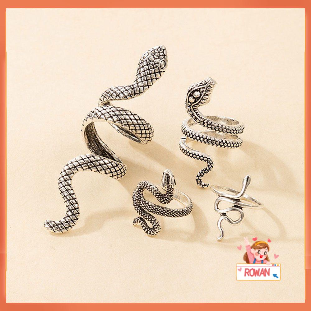 4pcs / Set Cincin Jari Bentuk Ular Warna-Warni Bahan Alloy Gaya Gothic Vintage Untuk Wanita