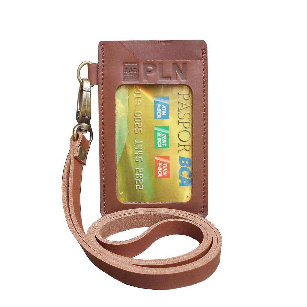 

Leather Castle Id Card Name Tag Holder Logo Emboss PLN Tali Id Bahan Kulit