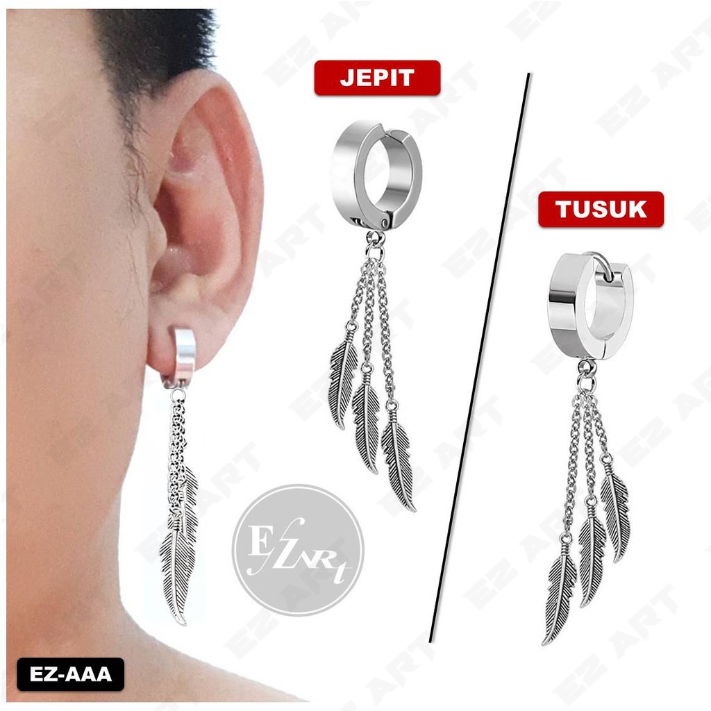 1 BUAH ANTING FASHION GANTUNGAN 3 RANTAI BULU FEATHER PRIA WANITA STAINLESS STEEL TUSUK / JEPIT