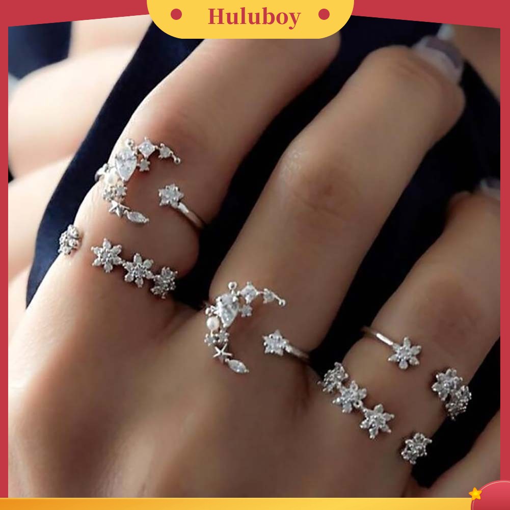 Hu Hu Hu Hu Hu Alat Bantu Pasang Kacamata♡ 5pcs / Set Cincin Susun Desain Bulan / Bintang / Bunga Hias Berlian Imitasi Untuk Wanita