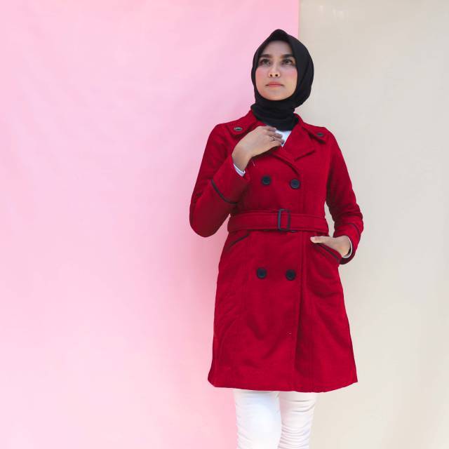 COAT WANITA RED ROSE - Jaket Cewek Panjang Merah - Musim Dingin - Cocok Untuk Hijaber Muslimah