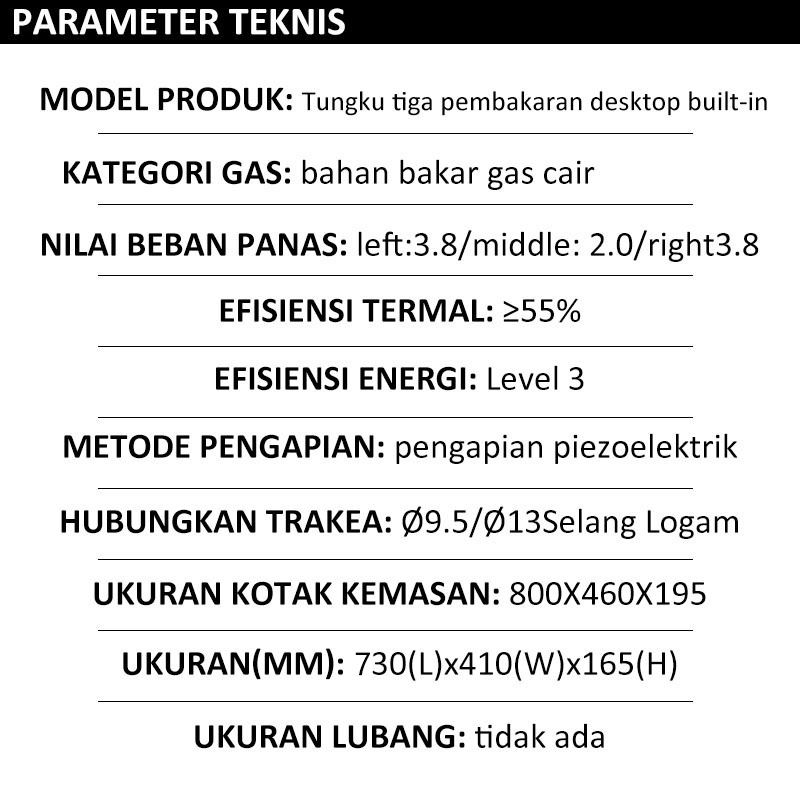 Kompor 3 Tungku Rumah Tangga Tertanam Panel Kaca Tempered Penyesuaian Gigi