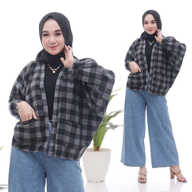 outer Balon Flanel Viral Outer  Balon Grid/Cardingan Flanel Wanita