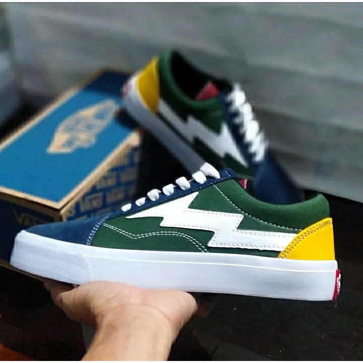 SPESIAL EDITION SEPATU VANS REVENGE X STORM CUSTOM COLOR NAVY GREEN YELLOW LOGO FLASH/PETIR LEATHER CANVAS ORIGINAL