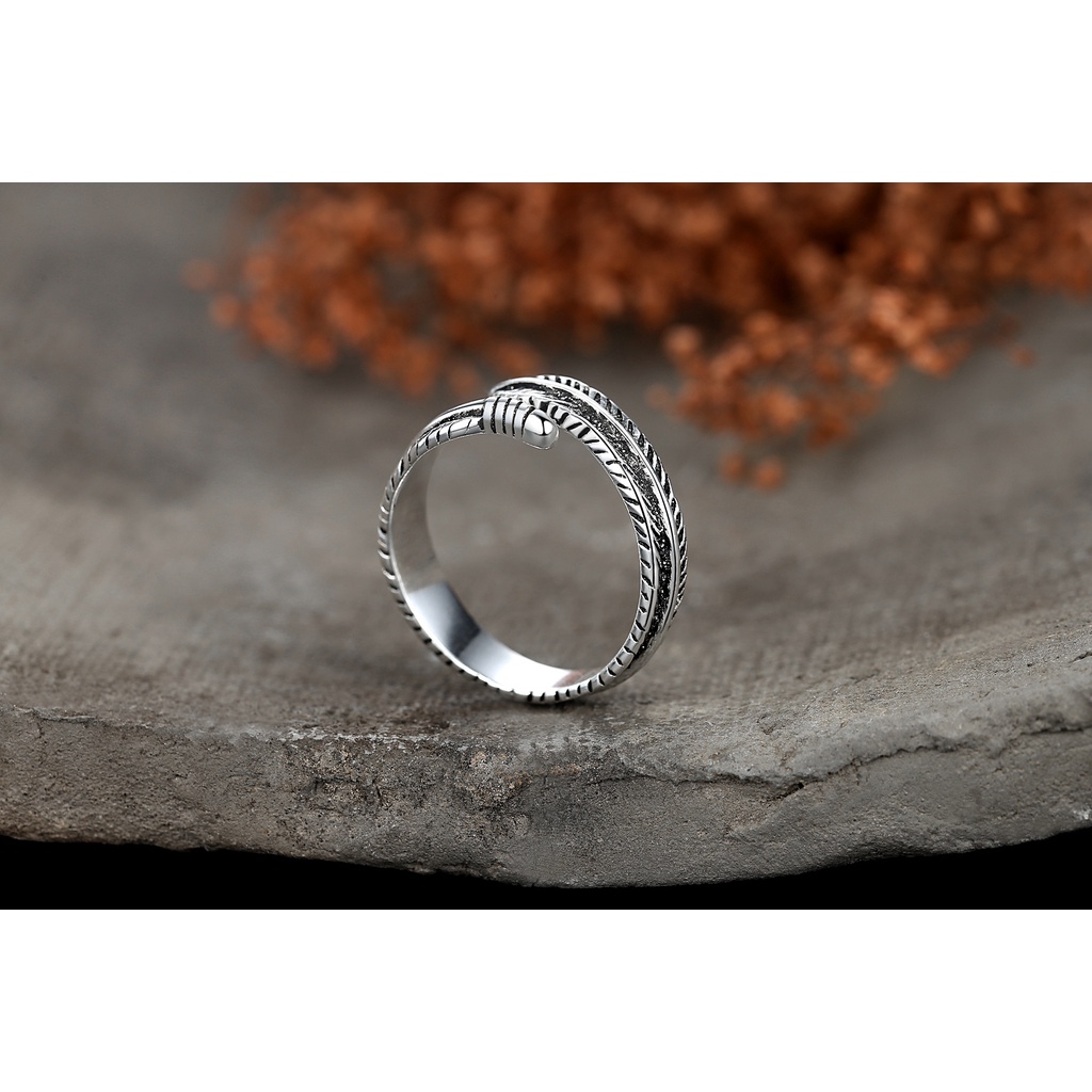 925 Perak Cincin Untuk Wanita/pasangan Cincin yang Dapat Disesuaikan Perhiasan Retro Bulu JZ00065
