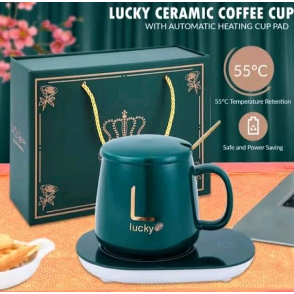 MUG CANGKIR ELEKTRIK GELAS PEMANAS TEH KOPI / MUG GELAS CANGKIR ELEKTRIK SET KERAMIK SOUVENIR PEMANAS 55 DERAJAT PENGHANGAT KOPI 400ML DENGAN BOX- GELAS SET KERAMIK PEMANAS