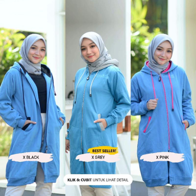 Jaket Tebal Wanita Hijab Hijacket Basic Black Hijaket Hoodie Original Model Polos Panjang-Blue