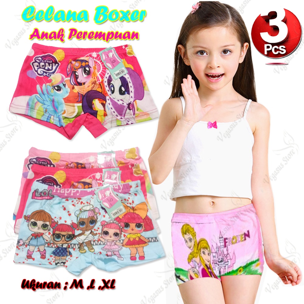 PROMO 3 Pcs CELANA DALAM BOXER ANAK PEREMPUAN BAHAN HALUS / FASHION ANAK PEREMPUAN / PAKAIAN DALAM KARTUN / CELANA DALAM MOTIF FROZEN MOTIF KUDA PONY MOTIF RANDOM-Vegasus Store (COD)