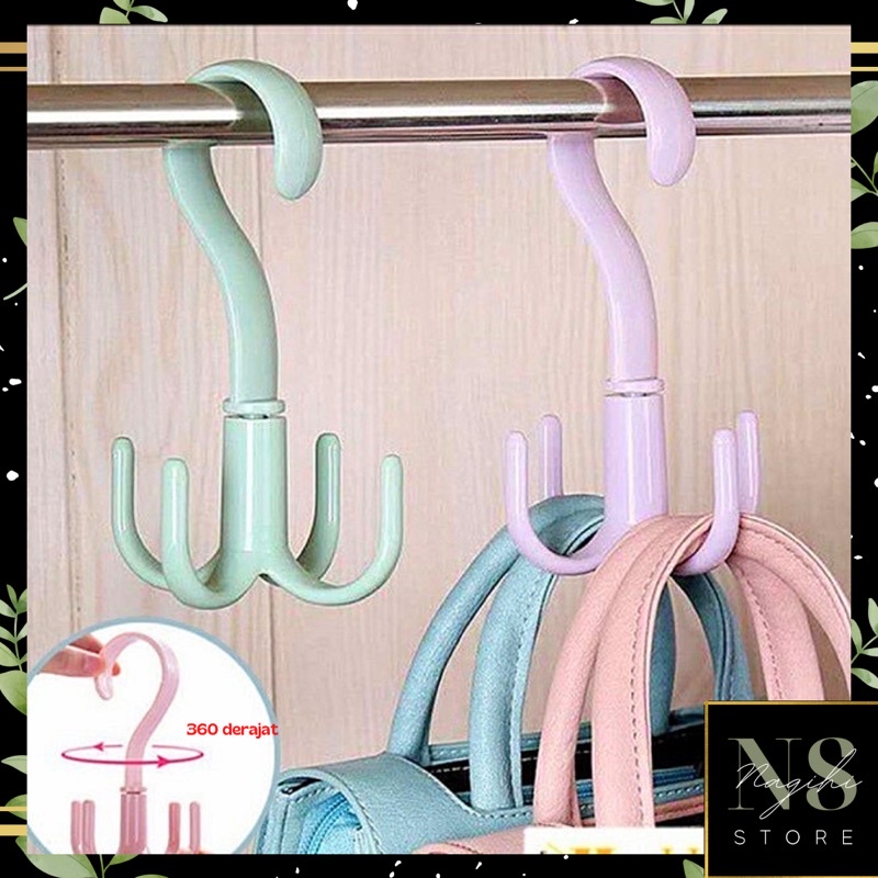 ✨NAGIHI✨ Gantungan Putar 4 Kait 360 Derajat Serbaguna / Cantelan Lemari 4 Cakar Rotatable 360° / Hanger Untuk Gantung Baju Syal Dasi Tas Sabuk Sepatu Topi Multifungsi