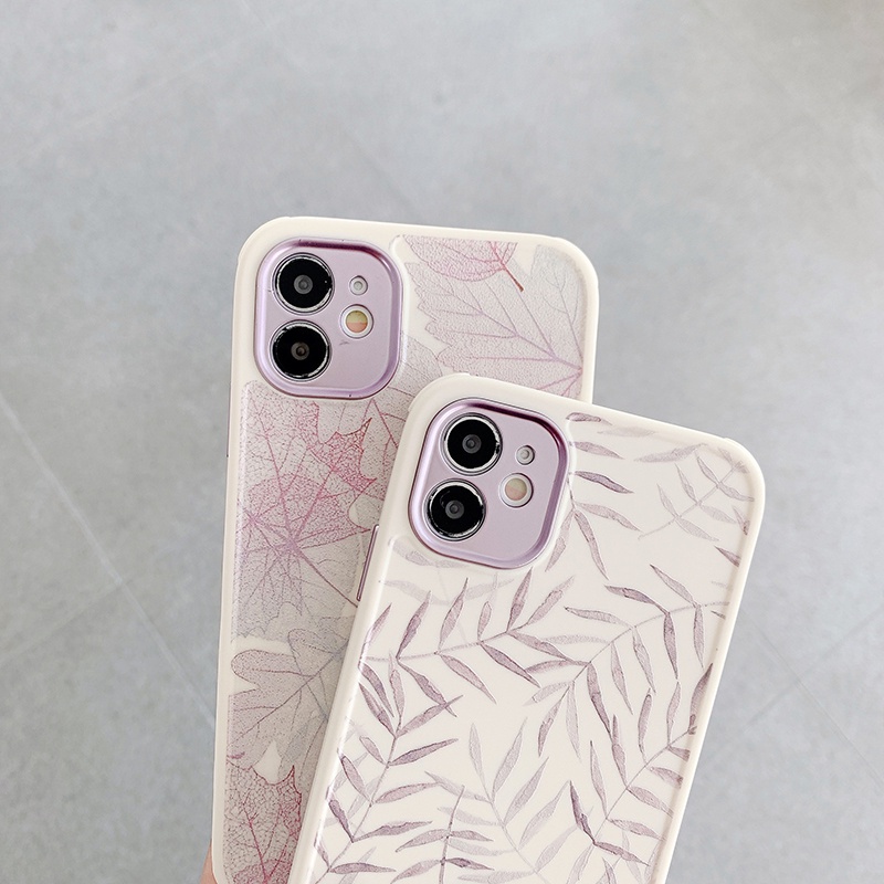 Case Pelindung Kamera Motif Daun Ungu Bahan TPU Shockproof Untuk IPhone 11 12 13 Pro Max Xr X Xs Xsmax 7 8 Plus