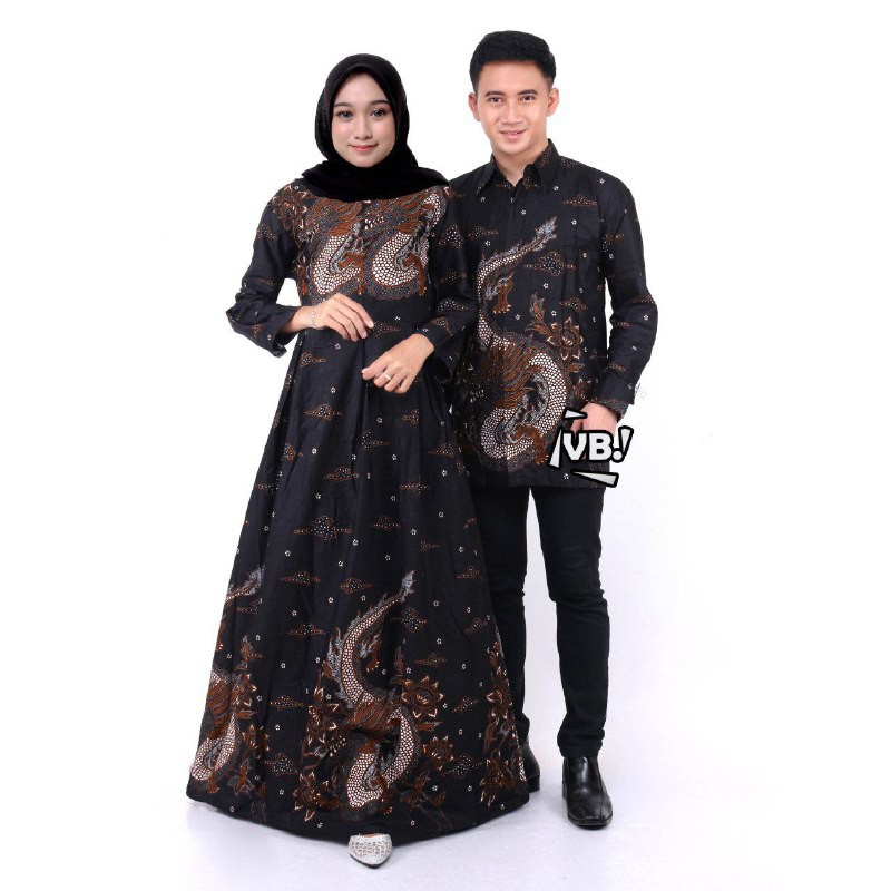 gamis dan kemeja lengan panjang Sania Ruffle Batik Couple ori Ndoro jowi / gamis batik couple murah-naga