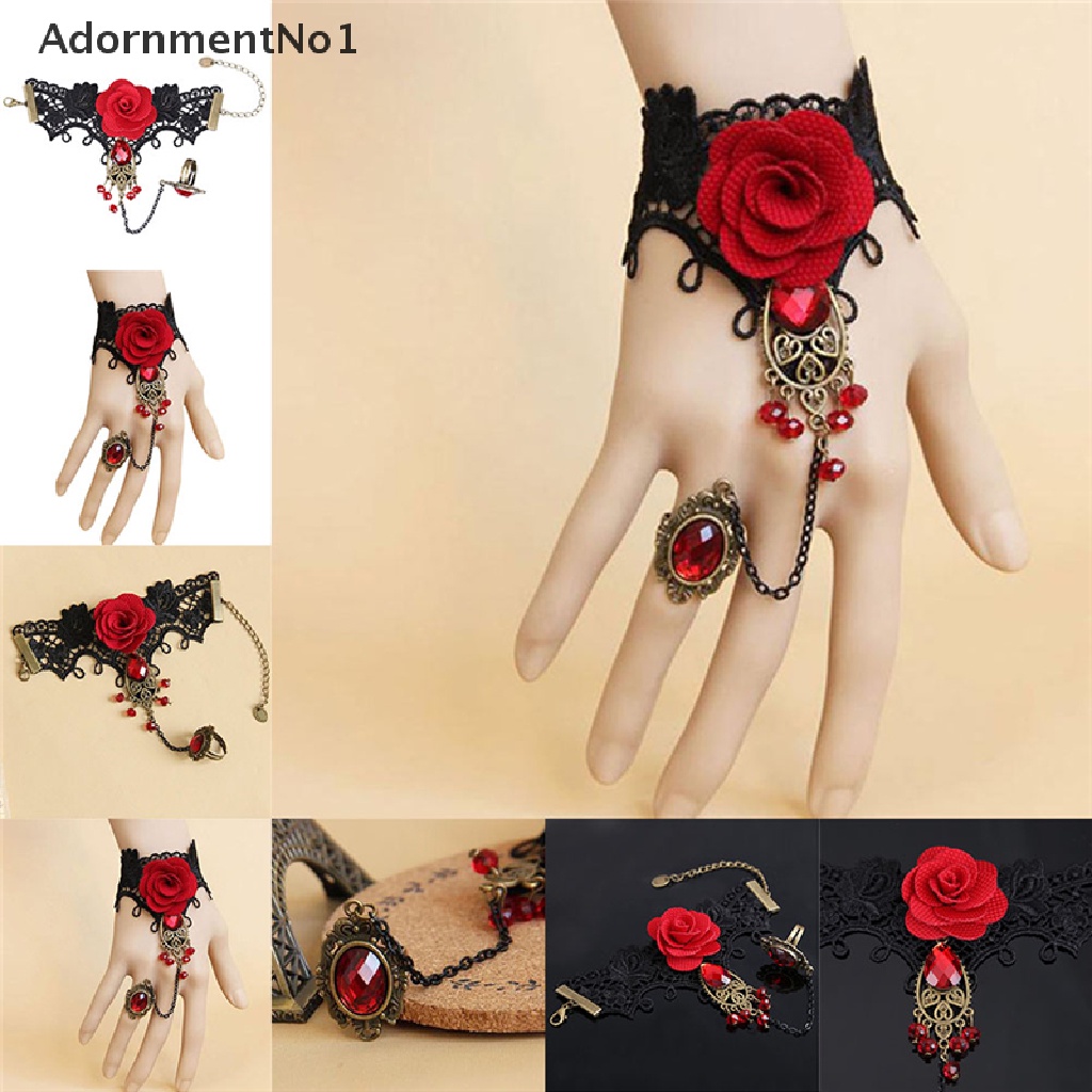 (AdornmentNo1) Gelang Tangan Lace + Cincin Adjustable Motif Bunga Mawar Merah Gaya Gothic Untuk Wanita