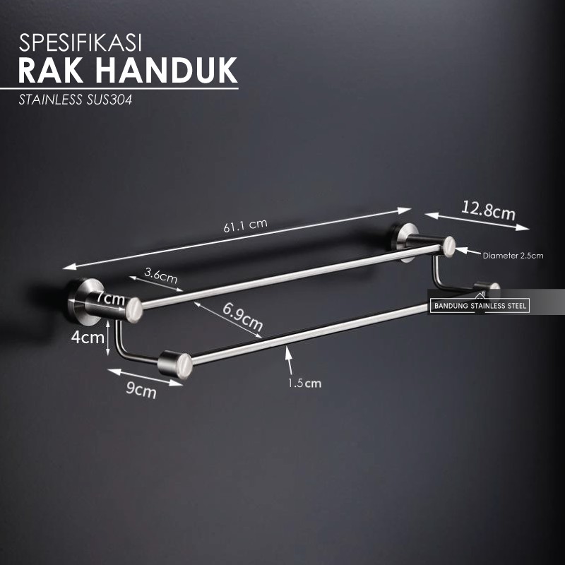 sus 304 Rak handuk gantungan kecil 60cm 2 baris stainless kamar mandi A10