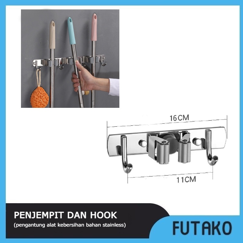 FUTAKO Gantungan Sapu Pel With Hook Stainless / Pengait / Jepitan Mop + Hook