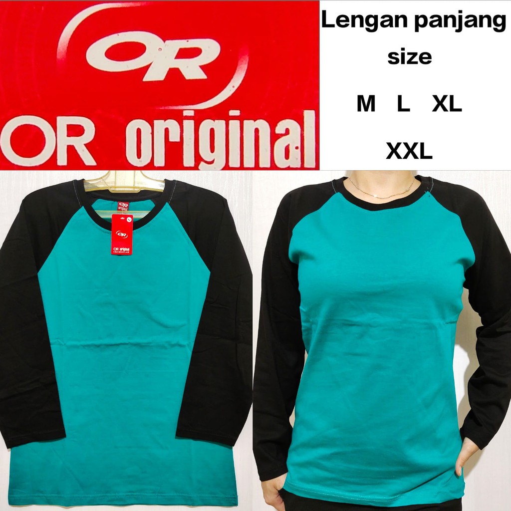 Kaos polos raglan hijau tosca lengan hitam panjang M L XL XXL